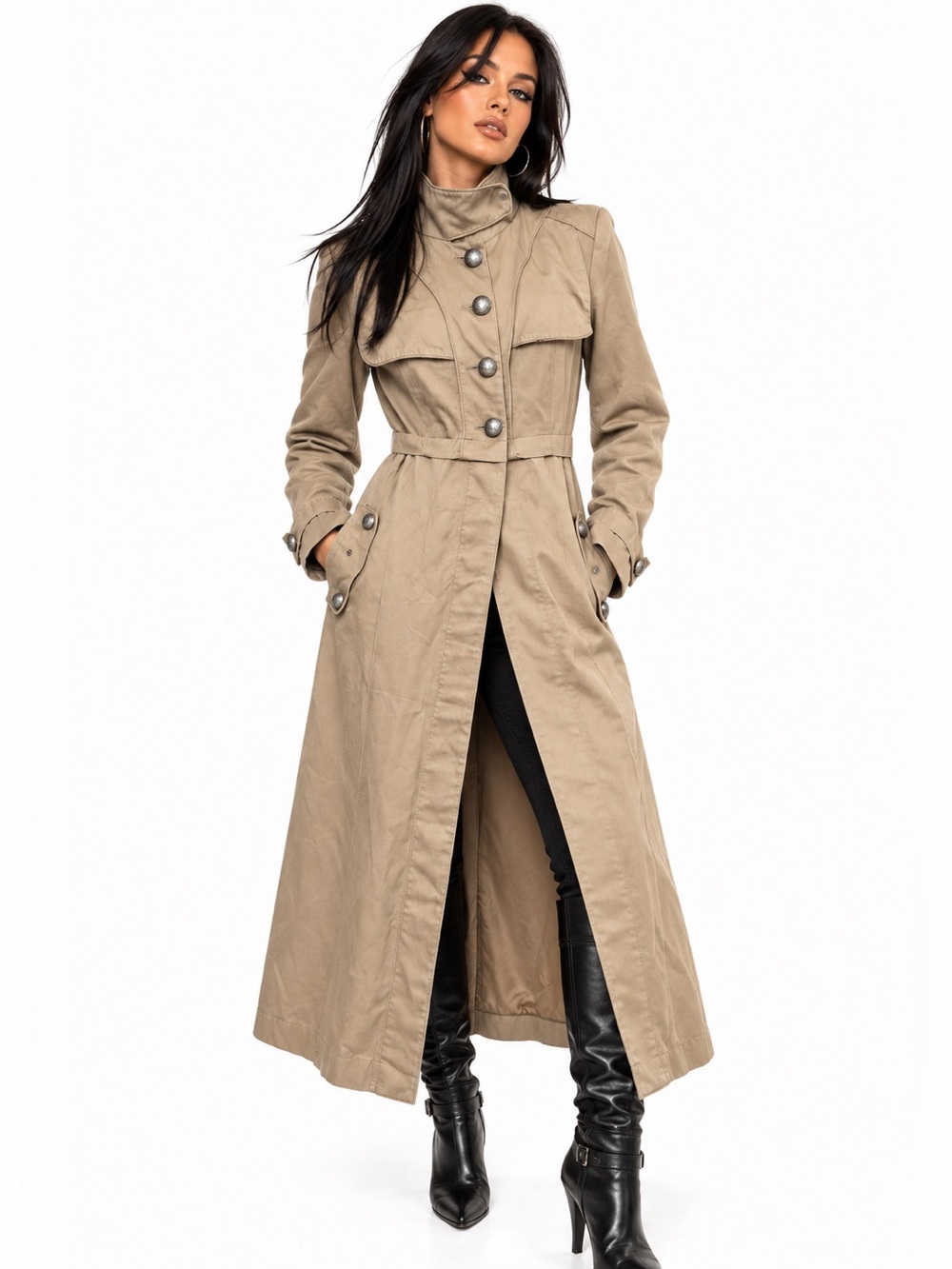 Armagan Long Beige Trench Coat with Stand Collar Statement Buttons Military Mod